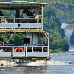 tourists riding a boat in a lake