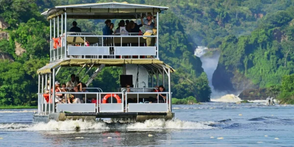 tourists riding a boat in a lake