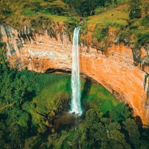 a drone image of the majestic sipi falls